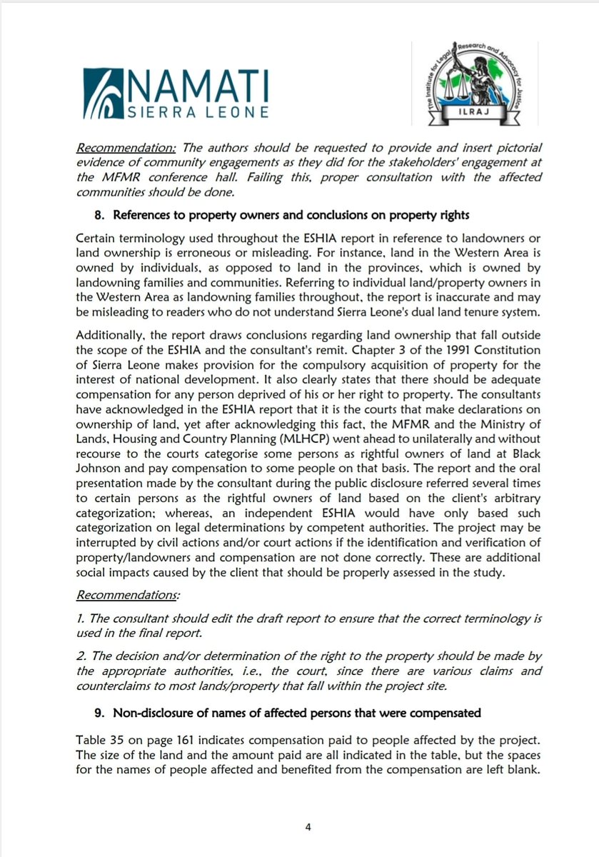 ILRAJ2's tweet photo. In February 2023, @GlobalNamati #SierraLeone and @ILRAJ2 submitted comments and recommendations on the draft Environmental, Social and Health Impact Assessment (ESHIA) report for a fish harbour project at Black Johnson, Western Area Rural District, Sierra Leone. Some of the key concerns raised by Namati Sierra Leone and ILRAJ include:

Conflict of interest
Disclaimer
Failure to provide data and information
Objective of the study
Missing sources or source citations
References to property owners and conclusions on property rights
Non-disclosure of names of affected persons that were compensated
Public participation in the ESHIA process

We urge the @ProtectionLeone to take these concerns into account and ensure that the ESHIA process is robust and transparent. Unfortunately, it seems our call fell on deaf ears. #SaloneTwitter @sonkita @EleanorThomps @MichaelBasita