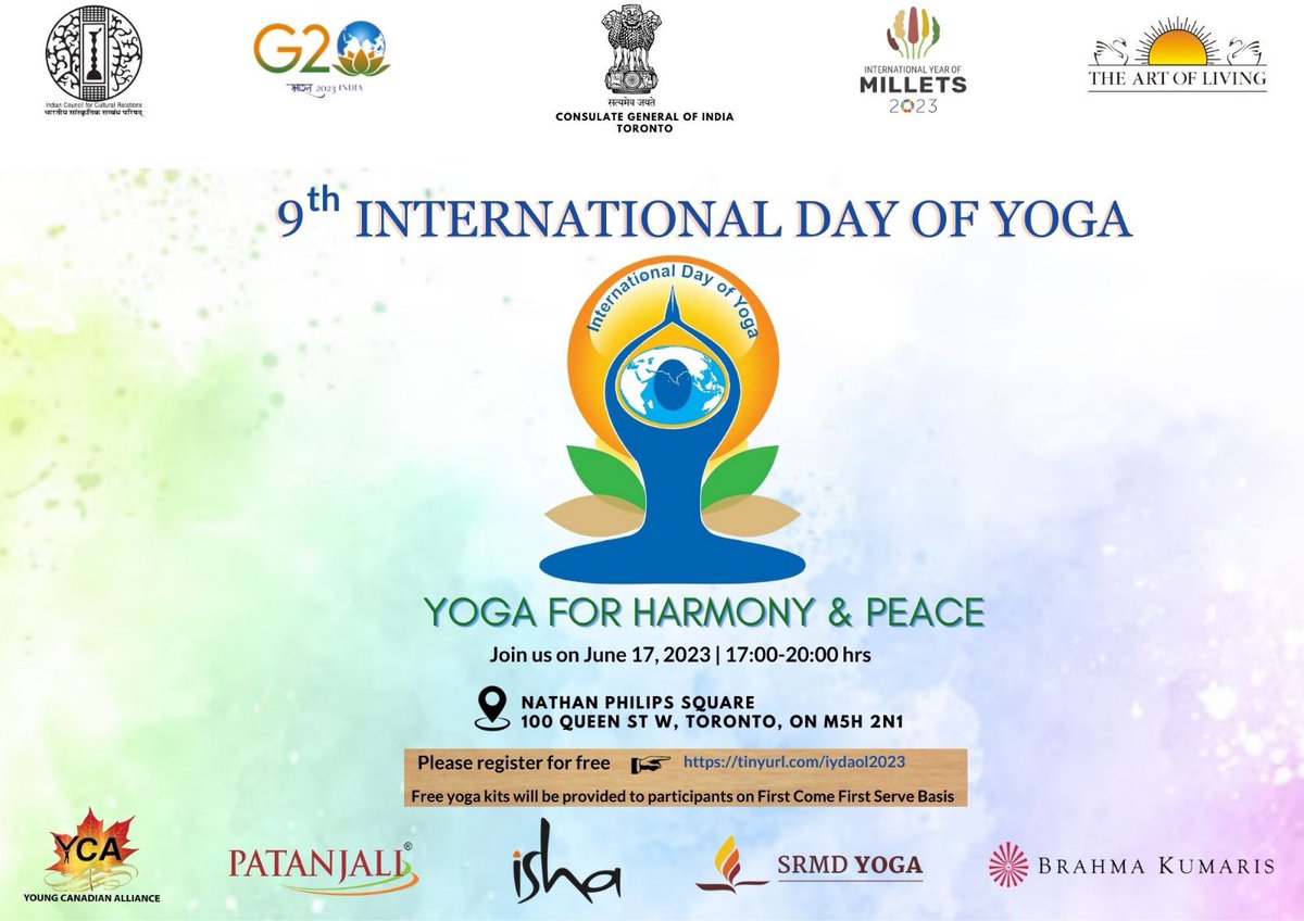 IndiainToronto's tweet photo. #IDY2023

@IndiainToronto invites you all for #InternationalDayofYoga2023 at Nathan Philips Square on June 17, 2023.
Register here 👉 https://t.co/a6SBLORzDv

@AlliancesYoung 
@ArtofLiving @iaolcan 
@Patanjalicanada 
@ishafoundation 
@SRMDharampur 
@bk_toronto https://t.co/CeUR7MuOfQ