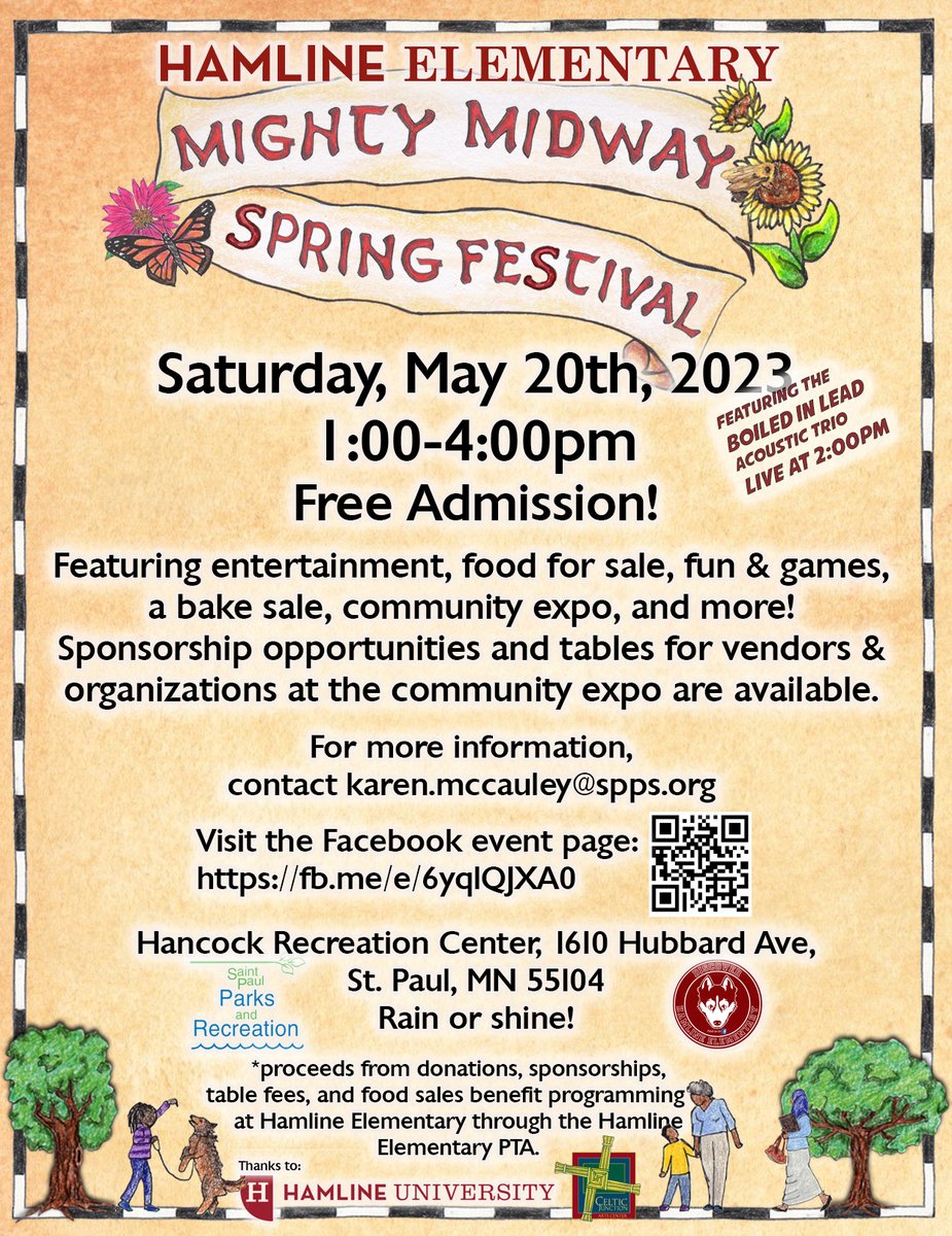 HamlineElem's tweet photo. All are welcome at Hamline Elementary's Spring Festival! Boiled in Lead plays live at 2:00pm. Food, community expo, fun and games! Let's celebrate in the Midway!
Saturday, May 20th, 2023
1:00-4:00pm https://t.co/Xb3DcsNvMi