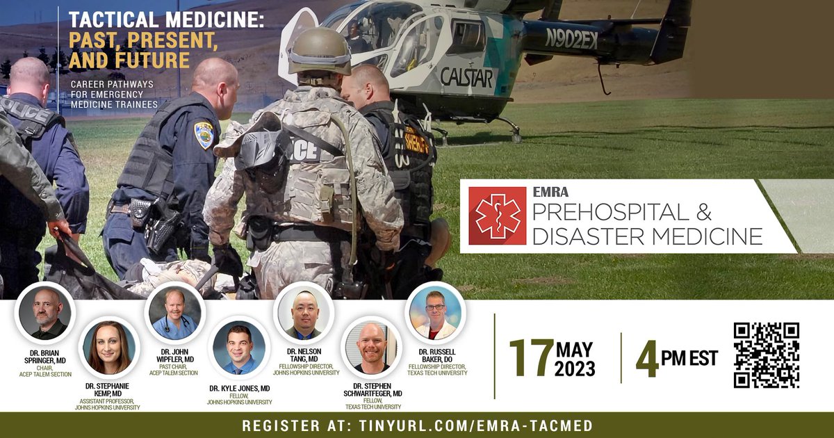 Kelly Tillotson, MD (@kellytillotson2) on Twitter photo Please join the EMRA Prehospital and Disaster Committee for an expert panel on tactical medicine! We are honored to host pioneers in the field as they discuss this exciting field in prehospital care. <a href="/emresidents/">emresidents</a> <a href="/SriramVenkatMD/">Sriram Venkatesan, FAWM</a>
May 17 at 1600 EST.
We hope to see you there! Please join the EMRA Prehospital and Disaster Committee for an expert panel on tactical medicine! We are honored to host pioneers in the field as they discuss this exciting field in prehospital care. <a href="/emresidents/">emresidents</a> <a href="/SriramVenkatMD/">Sriram Venkatesan, FAWM</a>
May 17 at 1600 EST.
We hope to see you there!