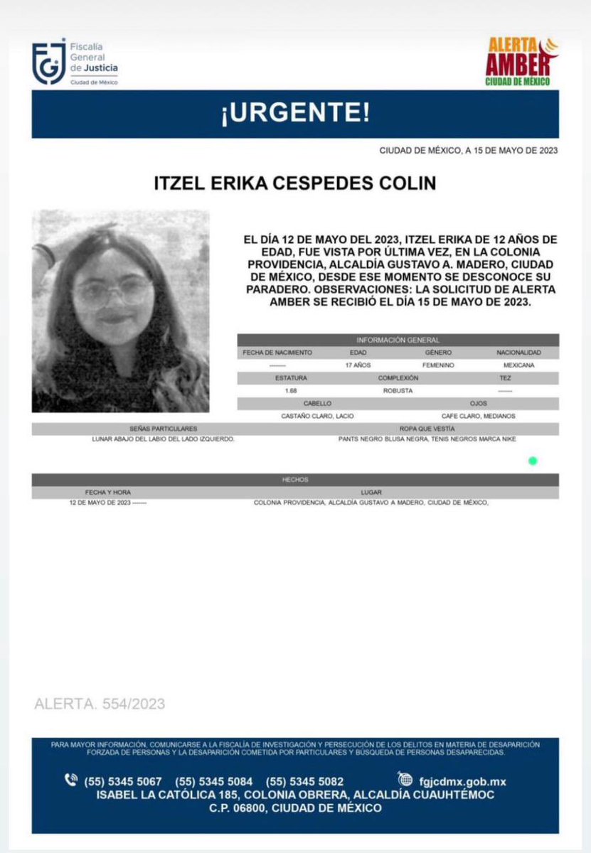 #AlertaAmber Cualquier información que pueda ayudar, esperamos que regrese con su familia. ¡RT por favor!
