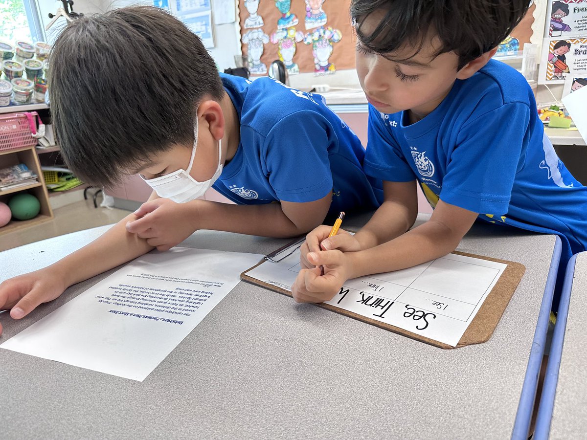 NIS_Grade3's tweet photo. See, Think, Wonder - Tuning in to our new unit looking at writing with different literary devices, such as repetition, metaphors, similes, onomatopoeia, and alliteration. We observed the different writing elements and wrote down what they noticed and wondered. #welovetowrite https://t.co/D0hrWjWe2F