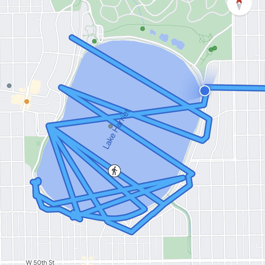 ImproperDave's tweet photo. Google Maps informs me that I took a somewhat unusual route around Lake Harriet today. https://t.co/wMV3ZnOzLn