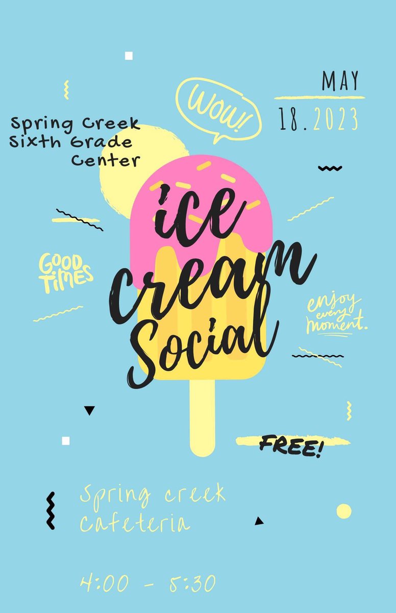 Spring Creek families are invited to join us on Thursday, May 18 4-5:30 pm for an Ice Cream Social