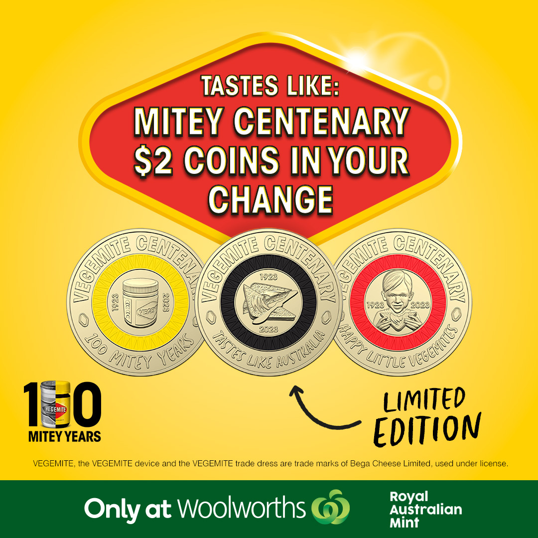 We’ve teamed up with <a href="/woolworths/">Woolworths</a> and the <a href="/RoyalAustMint/">RoyalAustralianMint</a> to release 3 MITEY exclusive coins to celebrate 100 years of #VEGEMITE! 🥳 Collect these unique coins from Woolworths supermarket tills today, with new designs released each week! #TastesLikeAustralia #Vegemite100Years