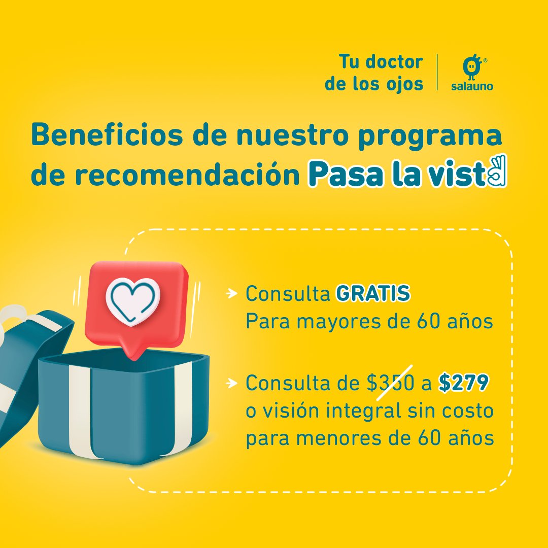 Comparte tu código 𝐏𝐚𝐬𝐚 𝐥𝐚 𝐕𝐢𝐬𝐭𝐚 para ayudar a que tus seres queridos sigan viendo bien con una consulta oftalmológica o examen de la vista gratis 🤓
Más información en:
📱 WhatsApp: bit.ly/InfoPLV
🖱️ salauno.com.mx/pasa-la-vista
☎️ (55) 4163 7477