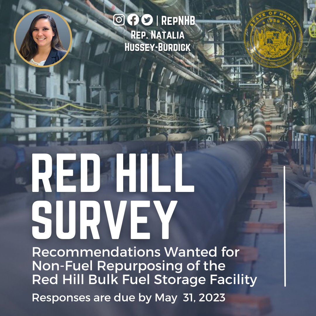 RepNHB's tweet photo. Red Hill Repurposing Survey, Due by Wed. May 31, 2023
Recommendations Wanted for Non-Fuel Repurposing of the Red Hill Bulk Fuel Storage Facility

Link to the survey and for more information:
https://t.co/OMyzcL6bZF

#RepNHB
#Kailua
#Kaneohe
#KaneoheBay
#RedHill
#ShutDownRedHill https://t.co/Y7cfZ6kztx
