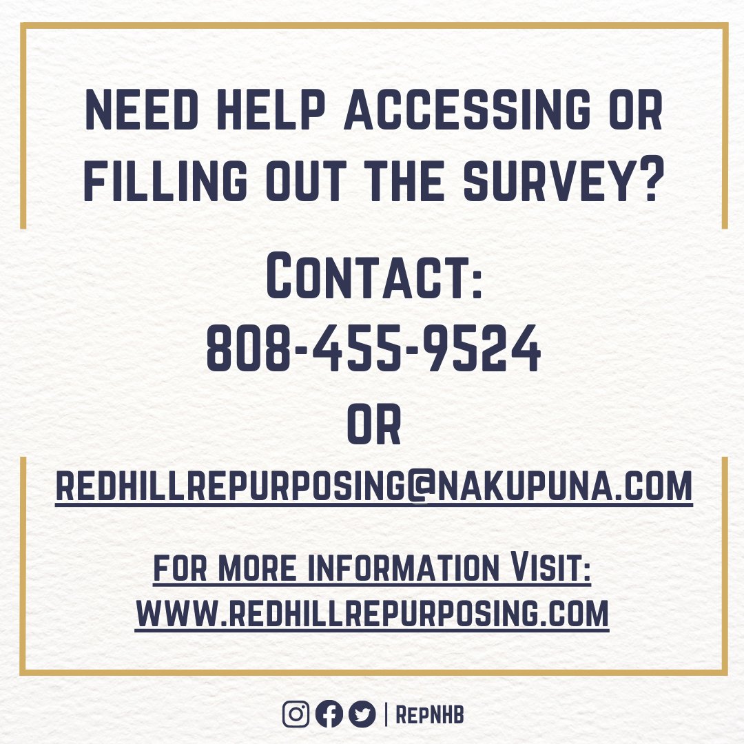 Red Hill Repurposing Survey, Due by Wed. May 31, 2023
Recommendations Wanted for Non-Fuel Repurposing of the Red Hill Bulk Fuel Storage Facility

Link to the survey and for more information:
redhillrepurposing.com

#RepNHB
#Kailua
#Kaneohe
#KaneoheBay
#RedHill
#ShutDownRedHill