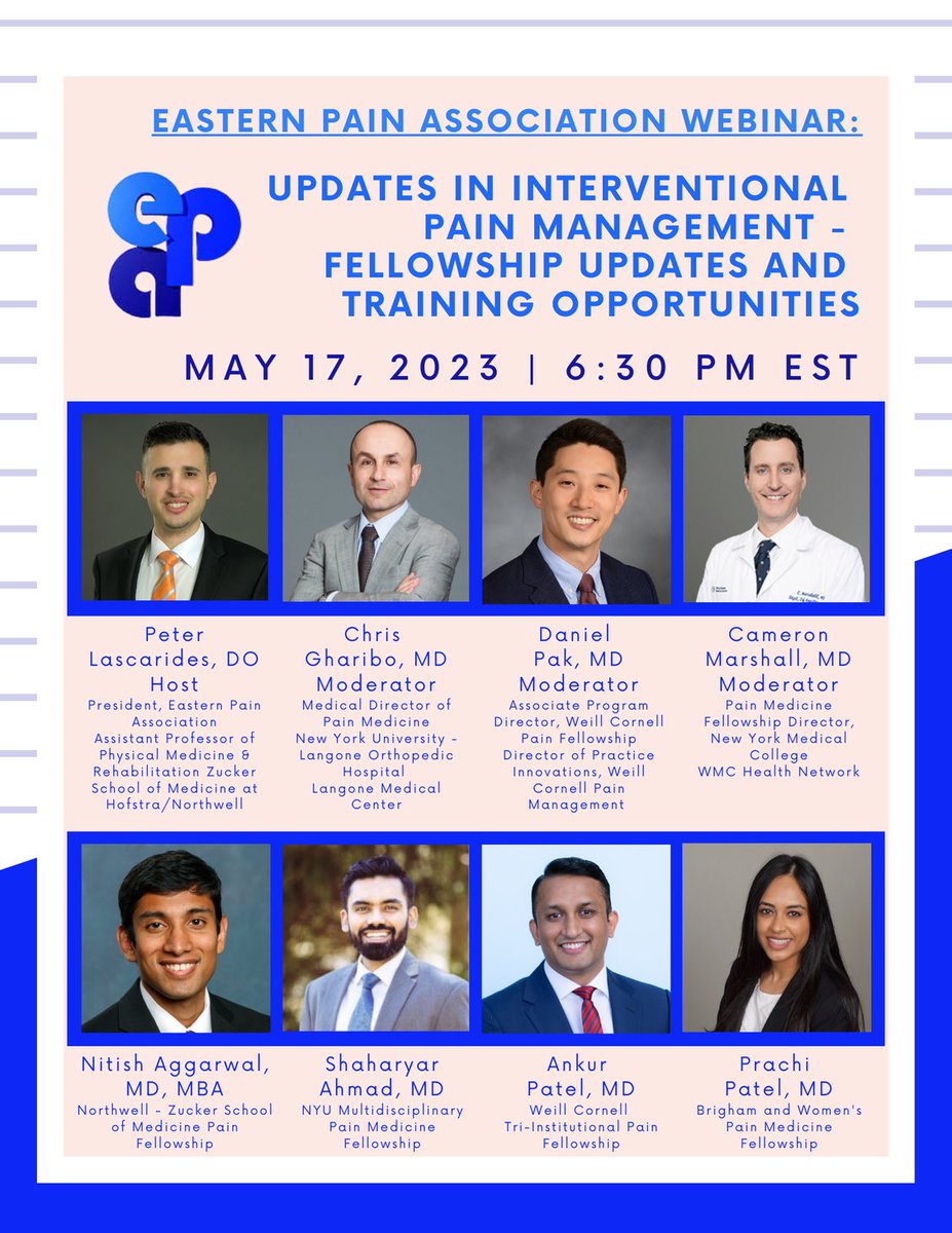 👋🏽 Trainees Join us tomorrow to discuss interventional pain medicine fellowship updates and training opportunities with @EasternPainAssc Look forward to this discussion! Registration link: epapain.us11.list-manage.com/track/click?u=… @danieljpakmd @WCMPain