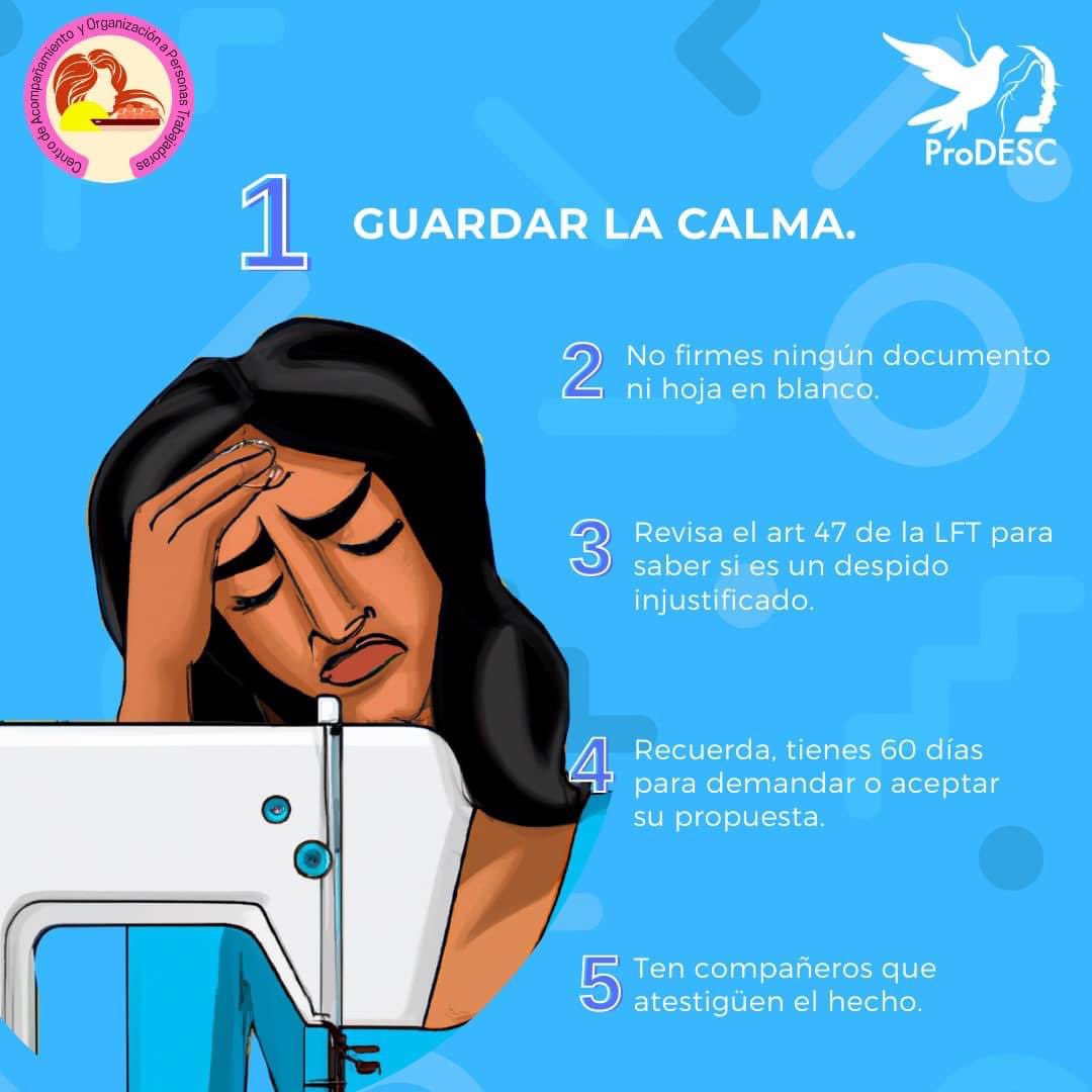 ProDESC's tweet photo. 📢 El #CAOPT brinda estas 🔟 recomendaciones para seguir en caso de un despido.

Acércate al #CAOPT para recibir asesorías gratuitas sobre: despidos injustificados, liquidaciones, finiquito y derechos humanos laborales.

Contáctalas 👇🏼
https://t.co/Vi74gzeLVC https://t.co/gUR8wowIPZ