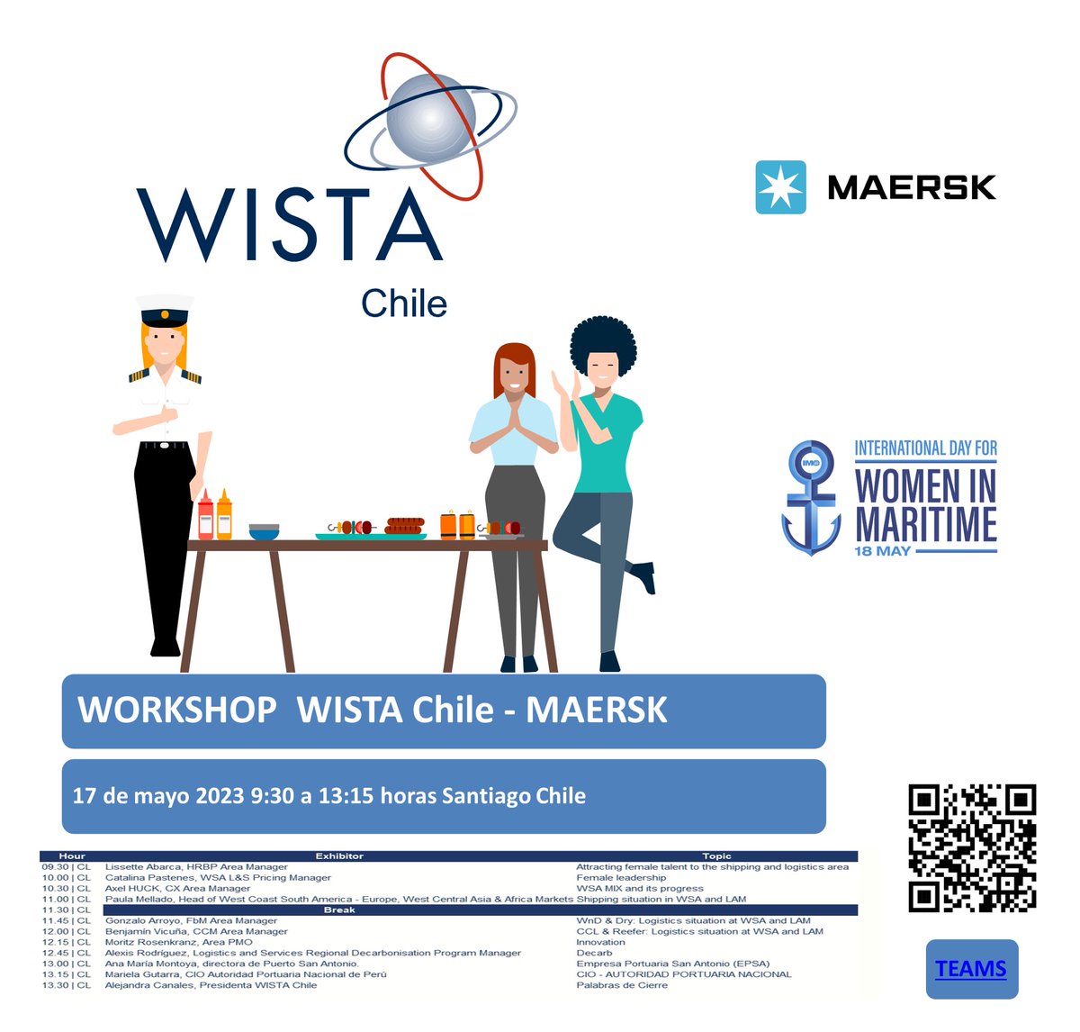 WistaChile's tweet photo. A nuestras queridas WISTA Sisters deLatinoamérica enviamos  programa final deWorkshop en conjunto con #Maersk mañana a las 9:00 am CLT ( Chile), en el siguiente link te puedes conectar en el link https://t.co/Imp3SuftEK https://t.co/VkXGW9Zf3x