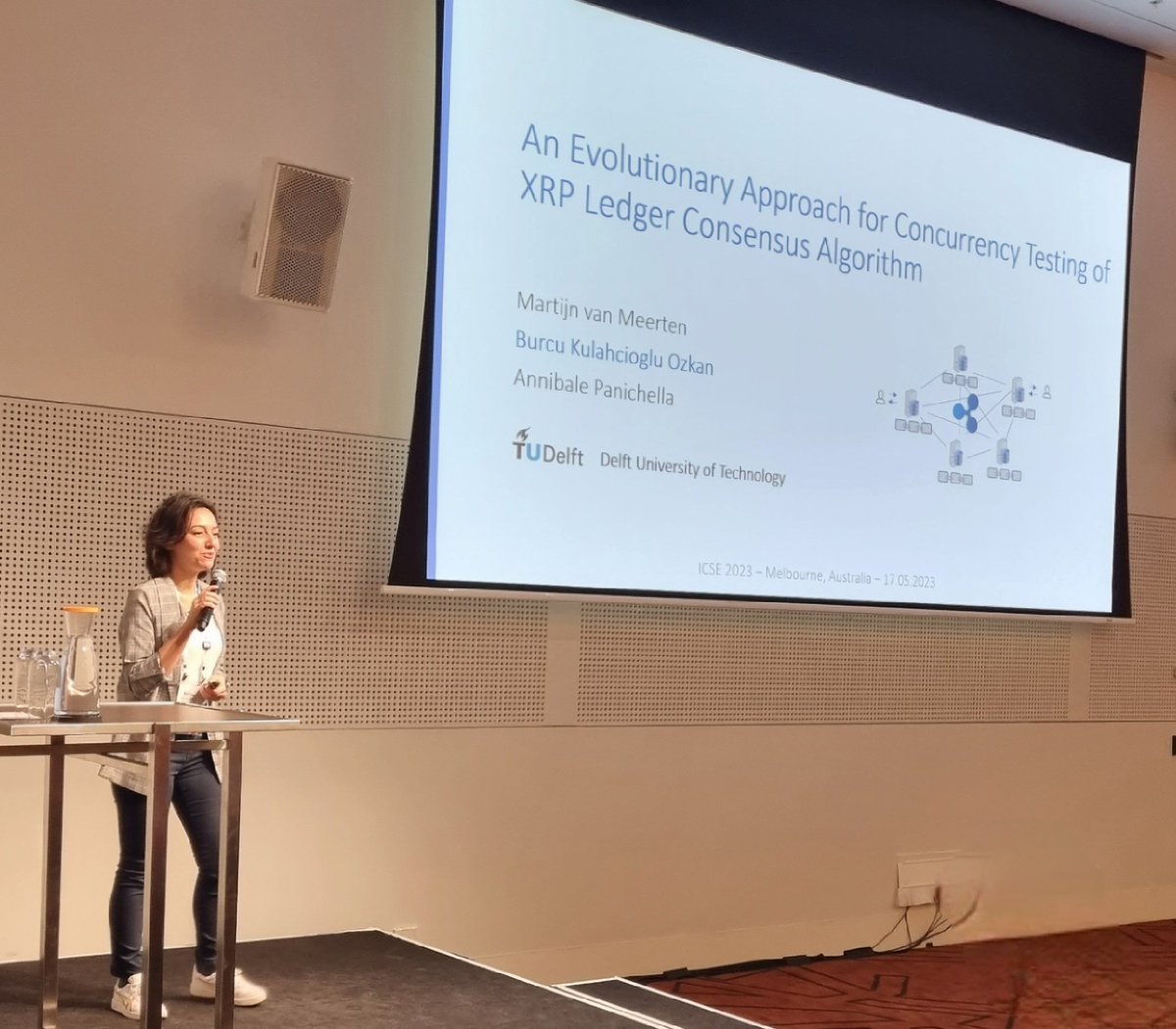 Annibale Panichella (@annipanic) on Twitter photo <a href="/burcu_at_world/">Burcu Kulahcioglu Ozkan</a> is presenting our paper "An Evolutionary Approach for Concurrency Testing of #XRP Ledger Consensus Algorithm" at <a href="/ICSEconf/">ICSE</a> 
/cc <a href="/serg_delft/">SERG TU Delft</a> <a href="/tudelft/">TU Delft</a> <a href="/EEMCS_TUD/">TU Delft EEMCS</a> <a href="/Ripple/">Ripple</a> #XRPLedger <a href="/burcu_at_world/">Burcu Kulahcioglu Ozkan</a> is presenting our paper "An Evolutionary Approach for Concurrency Testing of #XRP Ledger Consensus Algorithm" at <a href="/ICSEconf/">ICSE</a> 
/cc <a href="/serg_delft/">SERG TU Delft</a> <a href="/tudelft/">TU Delft</a> <a href="/EEMCS_TUD/">TU Delft EEMCS</a> <a href="/Ripple/">Ripple</a> #XRPLedger