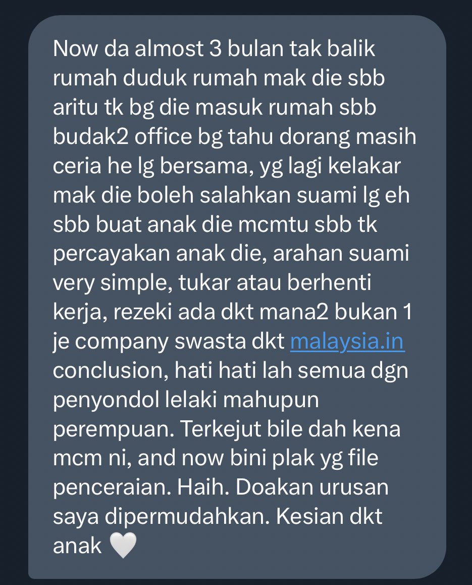 twtmalaywedding's tweet photo. ISU : ISTERI CURANG DGN RAKAN KERJA

Mana2 parent pon, jika ank salah jarang nak salahkan anaknya sendiri. 

Simpan bukti2 kecurangan isteri, failkan nusyuz pda dia. Hak penjagaan, anon ambil. Jika boleh, keluarkan perintah utk tak bgi dia jumpa anak dia. 

Dia tak layak jdi ibu. https://t.co/srSFU2xehU