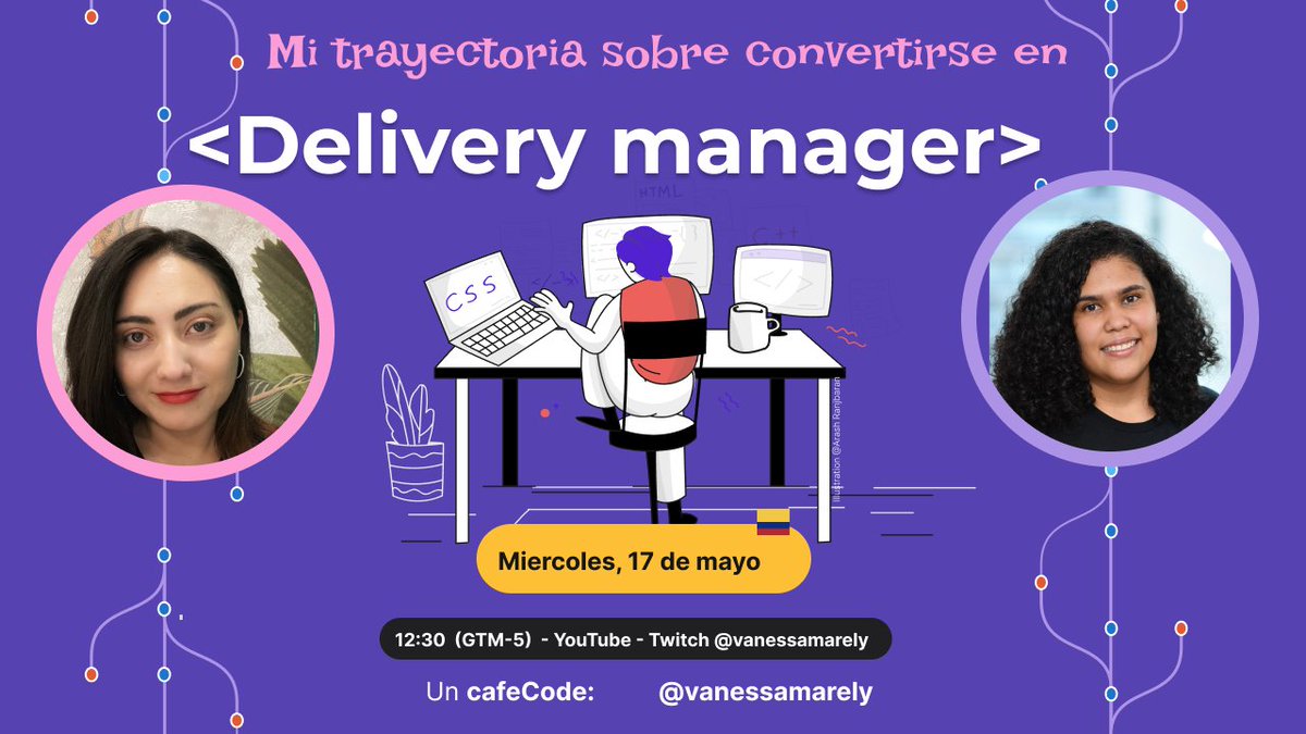 vanessamarely's tweet image. 📢 Mañana tenemos #cafeCode ☺️

En esta sesion  Luz Karime, nos contara sobre como se convirtio en Delivery manager 👍

No te lo pierdas!! mañana a las 12:30 (gmt-5) 🇨🇴

#youtube youtube.com/live/sEHaTKVvV…

#twitch twitch.tv/vanessamarely