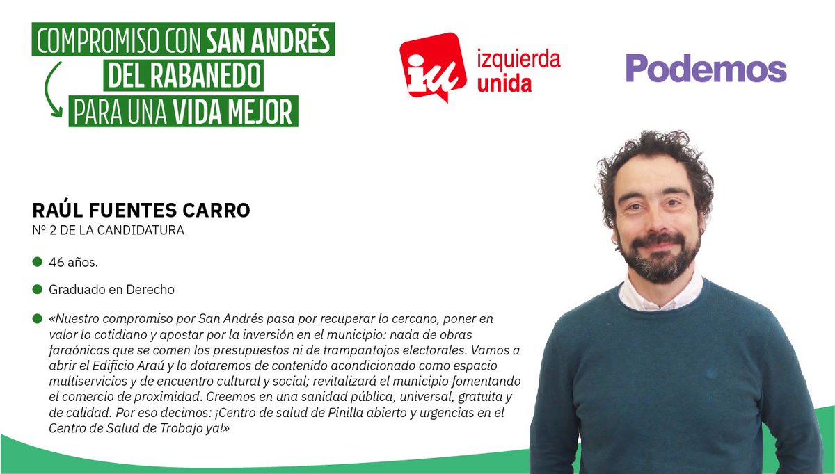 Detrás de todo gran programa, hay un potente equipo de personas:

Nuestra N°2 de la candidatura es Raúl Fuentes Carro

#CompromisoConSanAndres #CuidamosLoCercano