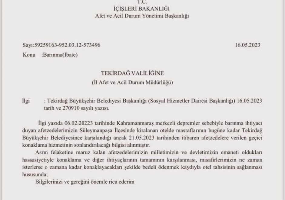 Devlet var🇹🇷

Tekirdağ’da belediyenin kapının önüne koyma kararı aldığı depremzedelere devlet sahip çıktı. 

Şu yazıdaki “Afetzedelerimiz milletin ve devletin emanetidir” sözü yeter.

Depremzedelerin masraflarını Valilik karşılayacak, istedikleri kadar o otelde kalacaklar