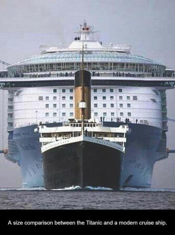 HistoricHub's tweet image. Size comparison between the Titanic and a Modern Cruise Ship