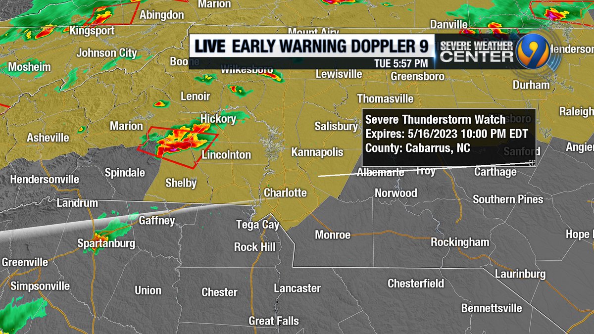 Thunderstorm WATCH extended now into Charlotte &amp; Concord until 10 pm. Worst storm moving through Cleveland Co. right now wsoctv.com/weather/intera…