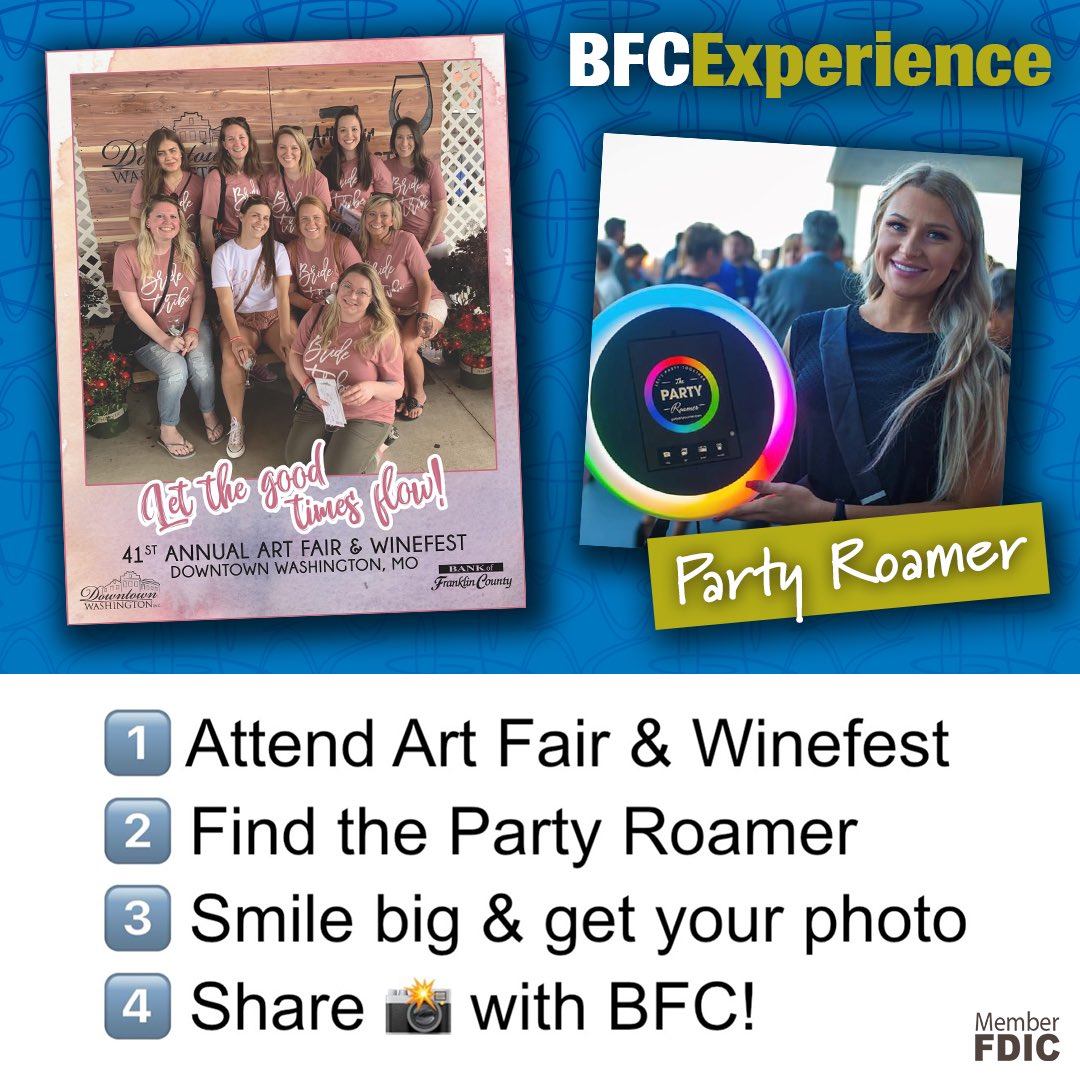 🥂Sip, Sip, Hooray... the BFC Party Roamer Experience is back for Winefest this Saturday (5-10 pm) and Sunday (12-4 pm)!🍷Drink. 😀Smile.📱Share.
 
@downtownwashmo 
 
#BFCExperience #BFCGivesBack #Winefest #ArtFair #washmo #banklocal #banklocally #communitybank
