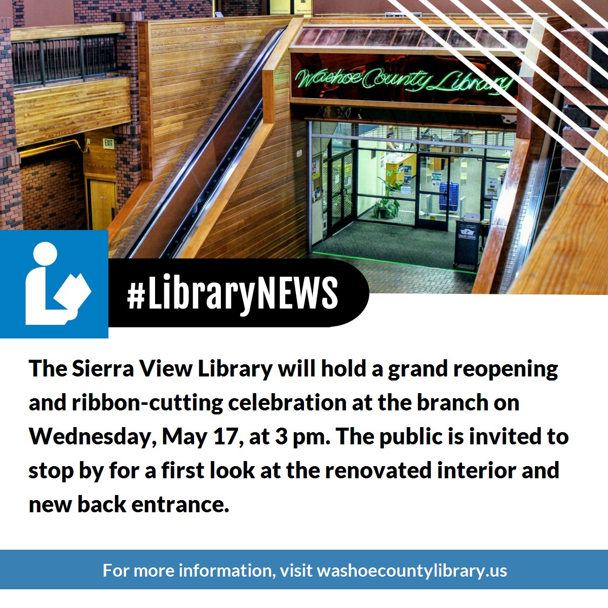 WashoeLibrary's tweet photo. #LibraryNEWS: @WashoeLibrary is excited to see you at the #SierraViewLibrary grand reopening celebration! You're invited to join us this Wednesday, May 17, at 3 pm for the official ribbon cutting at the newly renovated branch! https://t.co/l7fQI8529d https://t.co/FbmZiUZQkx