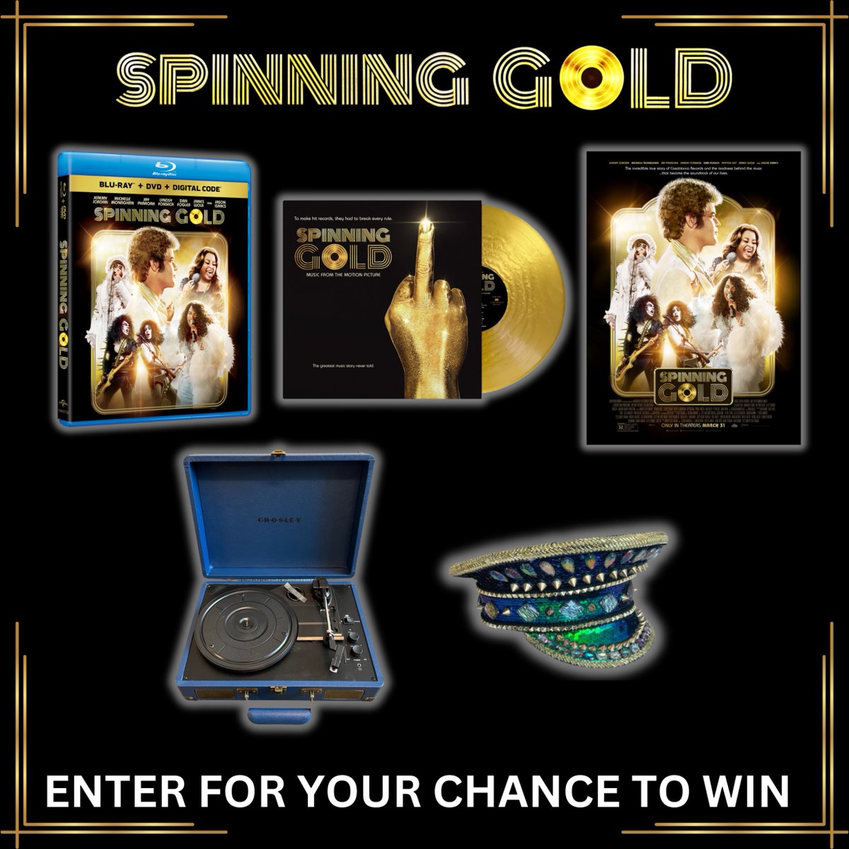 Enter for your chance to win a #SpinningGold Blu-ray combo pack, the vinyl soundtrack, a signed movie poster by @wizkhalifa, a Crosley record player, and a costume hat for Bootsy Collins! No. Pur. Nec. Ends June 6, 2023. 50 U.S. & D.C. 18+. Rules: uni.pictures/SpinningGoldSw…