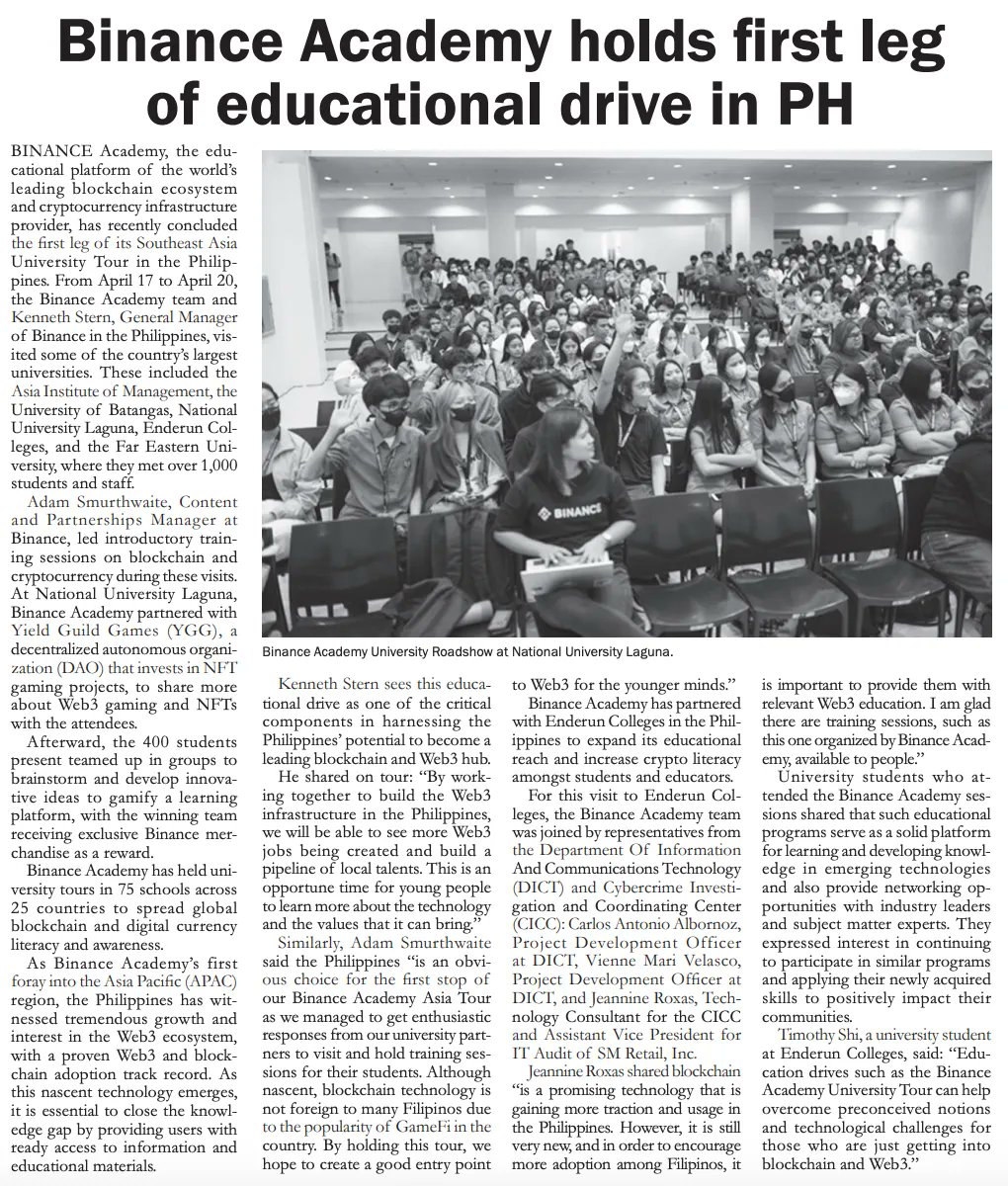 In April, we embarked on our first-ever <a href="/BinanceAcademy/">Binance Academy</a> University Tour in the Philippines 🇵🇭

After visiting five universities and educating over 1,000 students, Malaya Business Insights published an article to highlight the key moments.

Have a read 👇