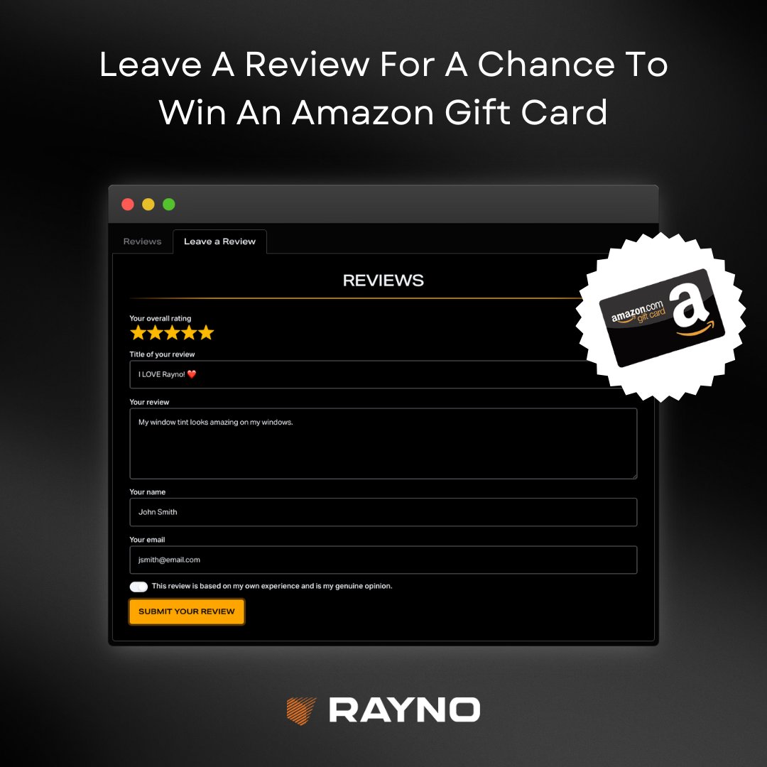 RaynoWindowFilm's tweet image. Your opinion is valuable! Tell us about your experience with Rayno products and dealers by leaving a review!

Simply find your dealer, click on "Leave a Review" and fill out the form for a chance to win an Amazon gift card! 💳 bit.ly/42DGgpU

#Rayno #RaynoWindowFilm