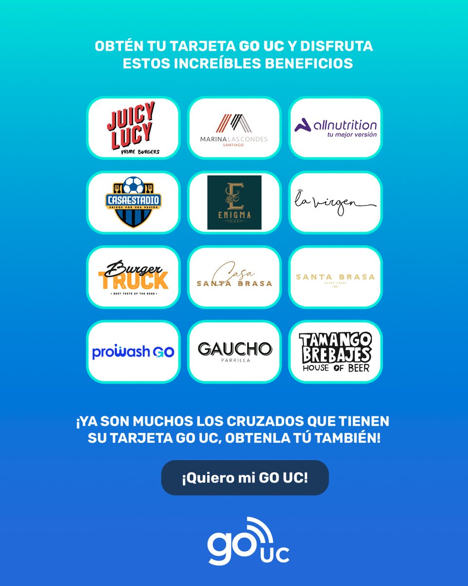 Cruzados's tweet photo. ¡𝗡𝗨𝗘𝗩𝗢𝗦 𝗬 𝗠𝗨𝗖𝗛𝗢𝗦 𝗕𝗘𝗡𝗘𝗙𝗜𝗖𝗜𝗢𝗦 𝗦𝗜 𝗘𝗥𝗘𝗦 𝗚𝗢𝗨𝗖! 💳

Con tu Tarjeta #GoUC ahora tienes nuevos descuentos en muchos servicios para disfrutar 🍔🍹🍽️🏨

🔹 Mira aquí los detalles ➡️ https://t.co/Fb2QcGE6pM

🔹 Pide tu GoUC ➡️ https://t.co/7wC2yJn4nK https://t.co/qCOYlZlFCx