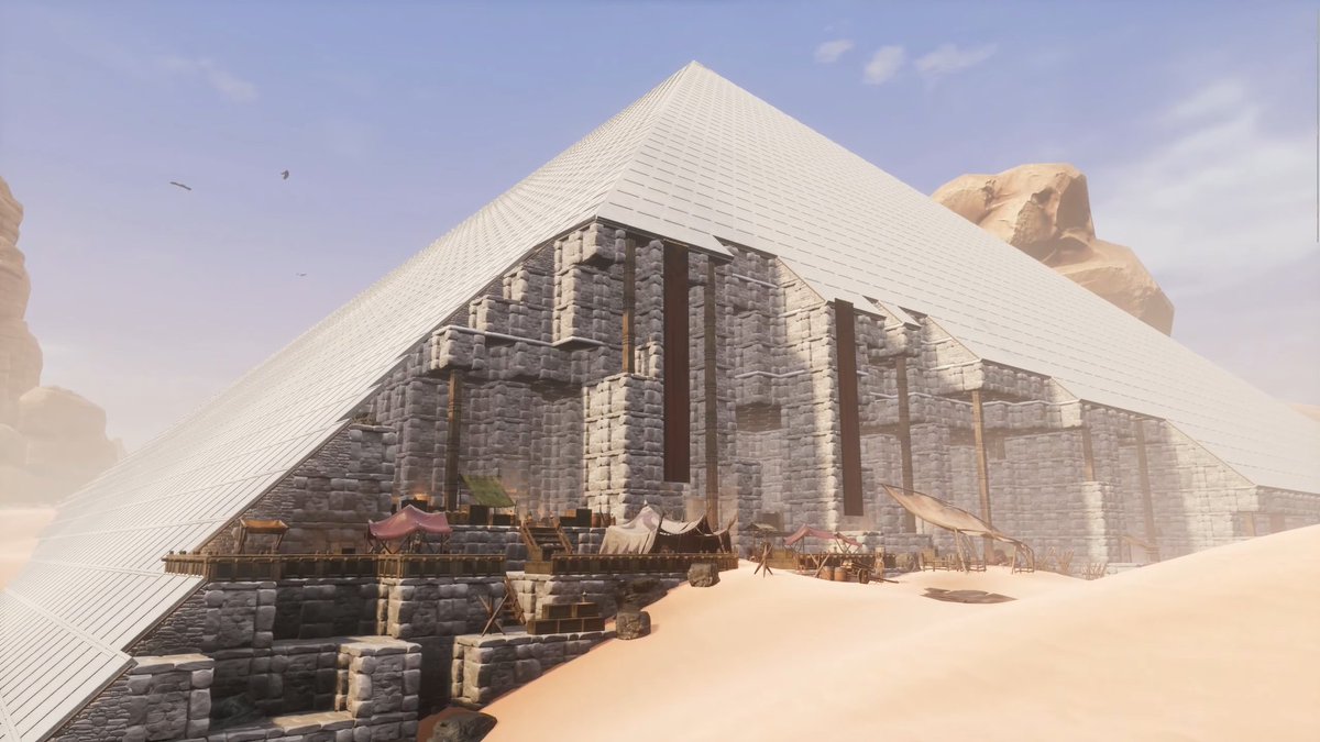 (( It's also worth noting this pyramid may be even grander in scale than the creator estimated! Each foundation block is 256x256 units by default, or 2.56m x 2.56m. At 42 blocks tall and 84 blocks wide, that translates to 107.52m tall and 215.04m wide! ))