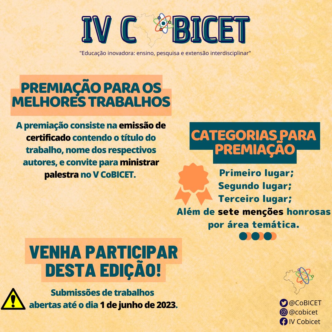 CoBICET's tweet photo. Você sabia que o CoBICET tem premiações para os participantes?🗣️

Venha conferir algumas informações!✨

Portanto, não fique de fora e acesse nosso site: https://t.co/axJjSVoOWD🧑‍🔬

#evento #ciencia #universidade #usp #ufmg #uerj #ufpa #ufba #ufam #uffs #ufob https://t.co/7mTvMwKS2K