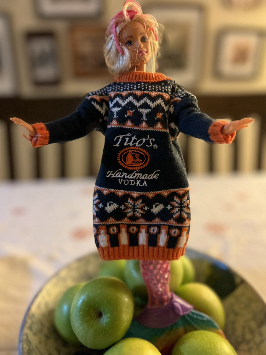 brostrat's tweet photo. We weren’t sure what to do with this odd little sweater that came with out last bottle of @TitosVodka. Then it dawned on us!!! Boozy @Barbie https://t.co/ZVHpaw4g5Z