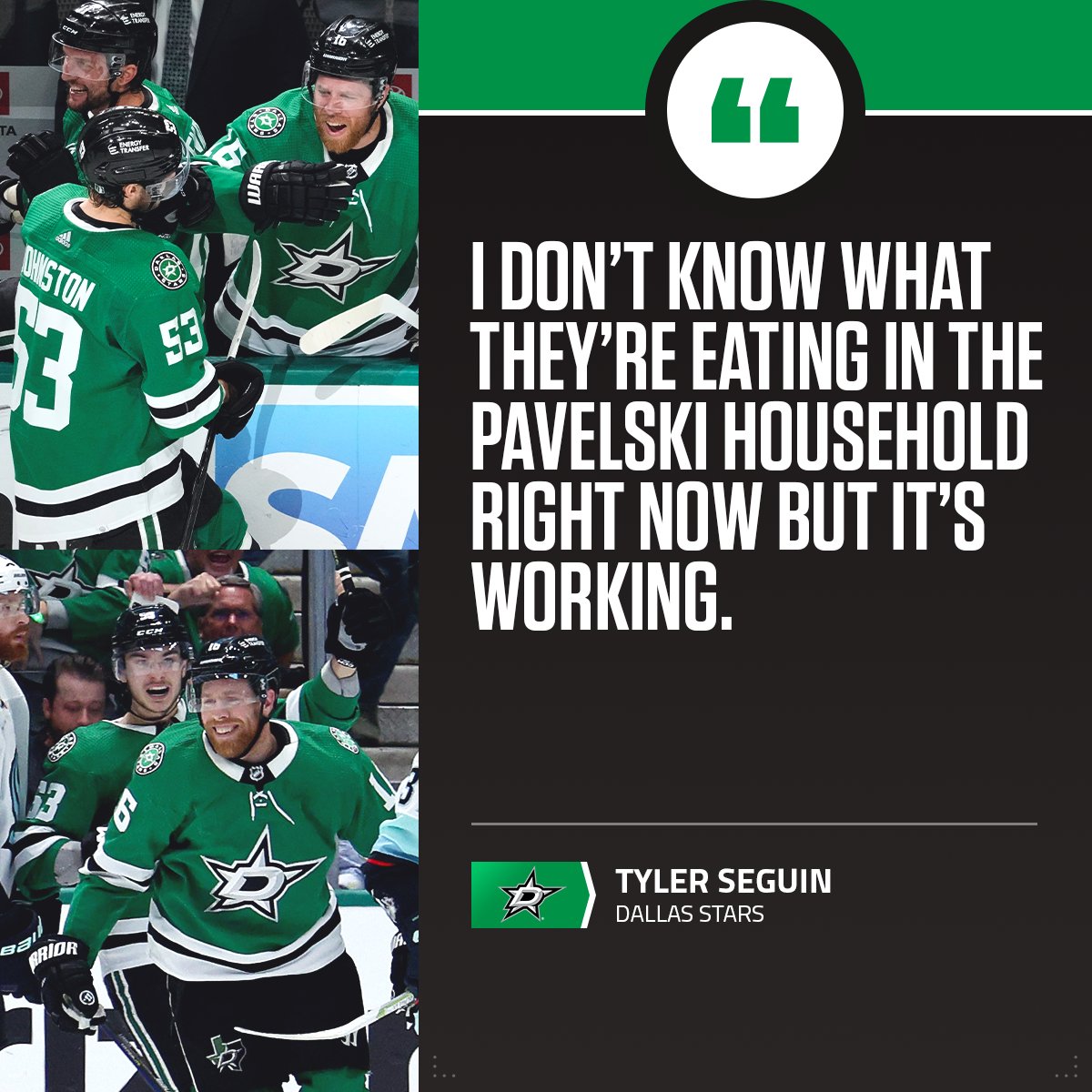 NHLPR's tweet photo. Wyatt Johnston scored the series clincher, while Joe Pavelski set a franchise record for goals in a series as the pair combined for 11 tallies. #SecondRoundRecap 
 
Johnston has been billeting with the Pavelski family this season. #NHLStats: https://t.co/8oCuFvvdxY https://t.co/PhJzDCQDFP