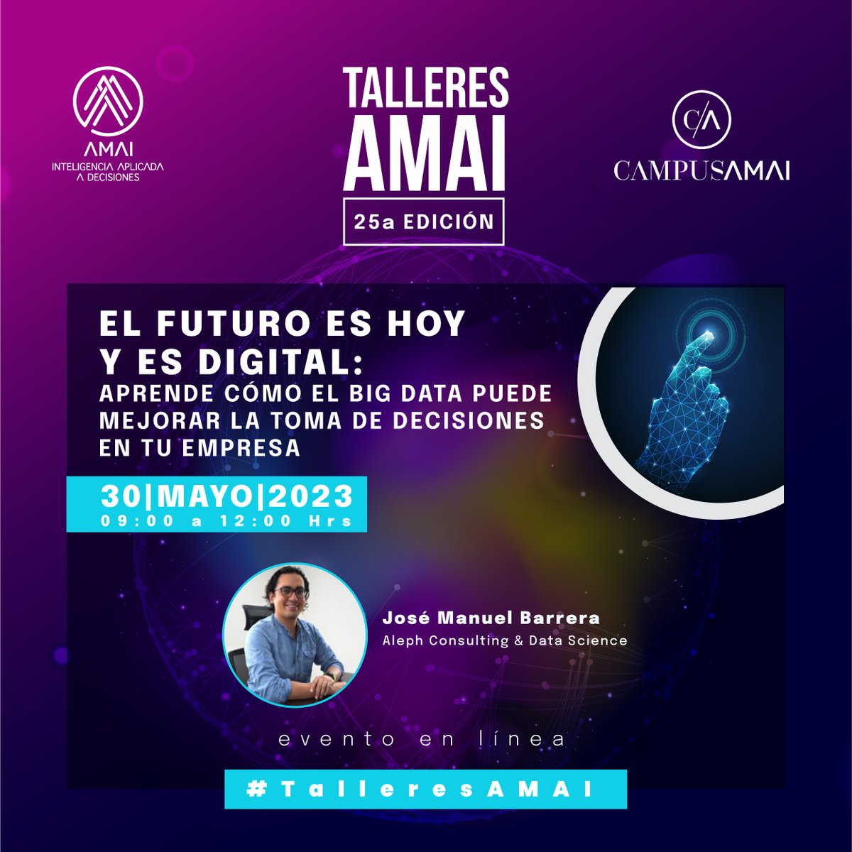 Descubre cómo la digitalización puede mejorar la eficiencia y productividad de tu empresa, y cómo el Big Data puede ser la clave para impulsar tu negocio al siguiente nivel en #TalleresAMAI  

Imparte: J. Manuel Barrera de <a href="/alephds/">Aleph Consulting & Data Science</a> 

Registro:  campusamai.org/talleres/xxv/