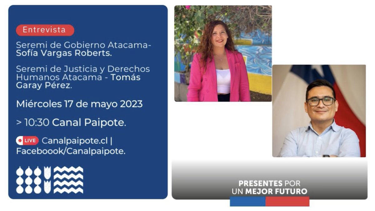 VoceriaAtacama's tweet photo. 🎙️¡Mañana! La seremi de Gobierno, Sofía Vargas Roberts junto al @Minjudhatacama, Tomás Garay Pérez conversarán con Paipote TV y Radio Maray sobre la promulgación de la Ley Anti Narcotráfico. https://t.co/ogizb1nshq