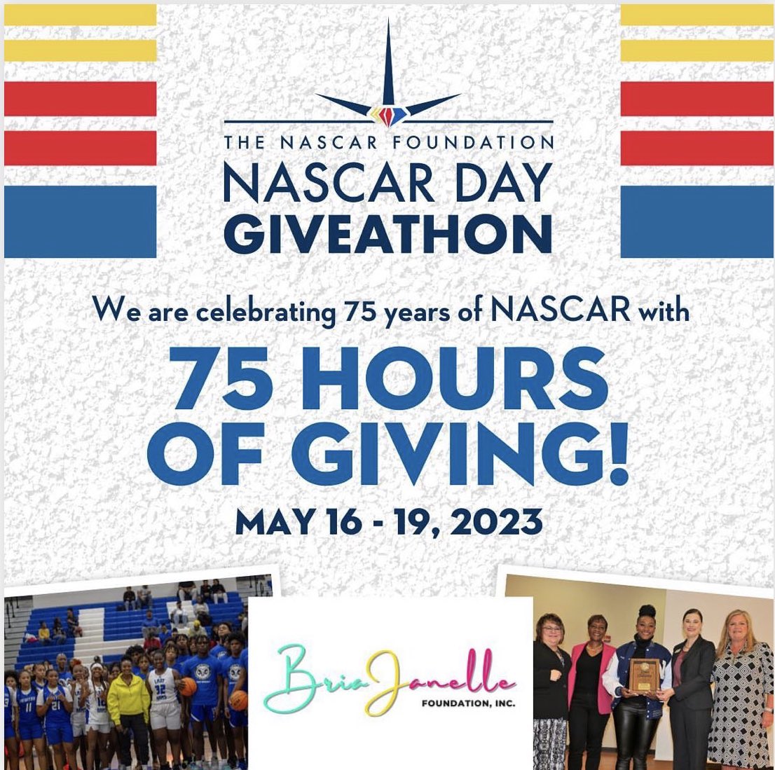 Today is the BIG DAY 😁! The Bria Janelle Foundation has been selected by NASCAR to take part in their 75-Hour Giveathon. Our goal is to raise $2500 for our 1st Annual Back to School Drive 🎒

You can support by sharing or using the link to DONATE 📲 fanthem.io/give/nascar/gi…