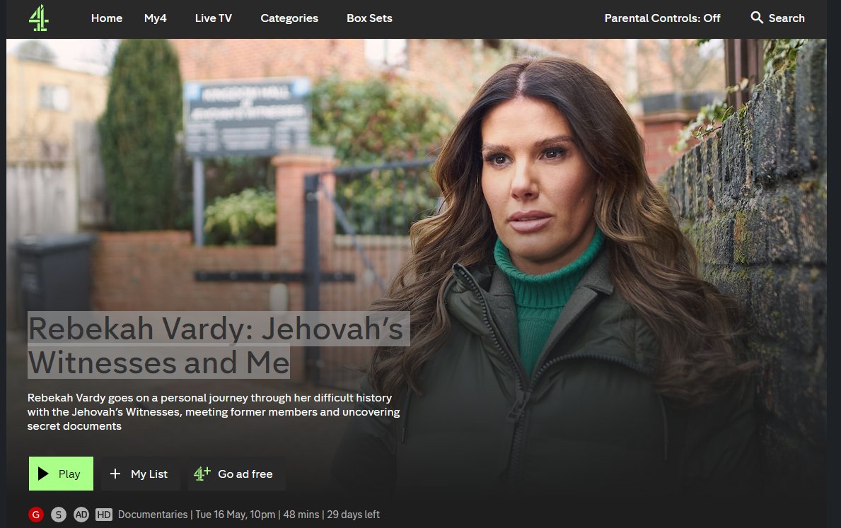 For those like me that missed the full program live, you can watch the documentary Rebekah Vardy: Jehovah's Witnesses and Me here: channel4.com/programmes/reb…
It will require a VPN from outside of the UK and to sign up for free on the website 
#c4vardy