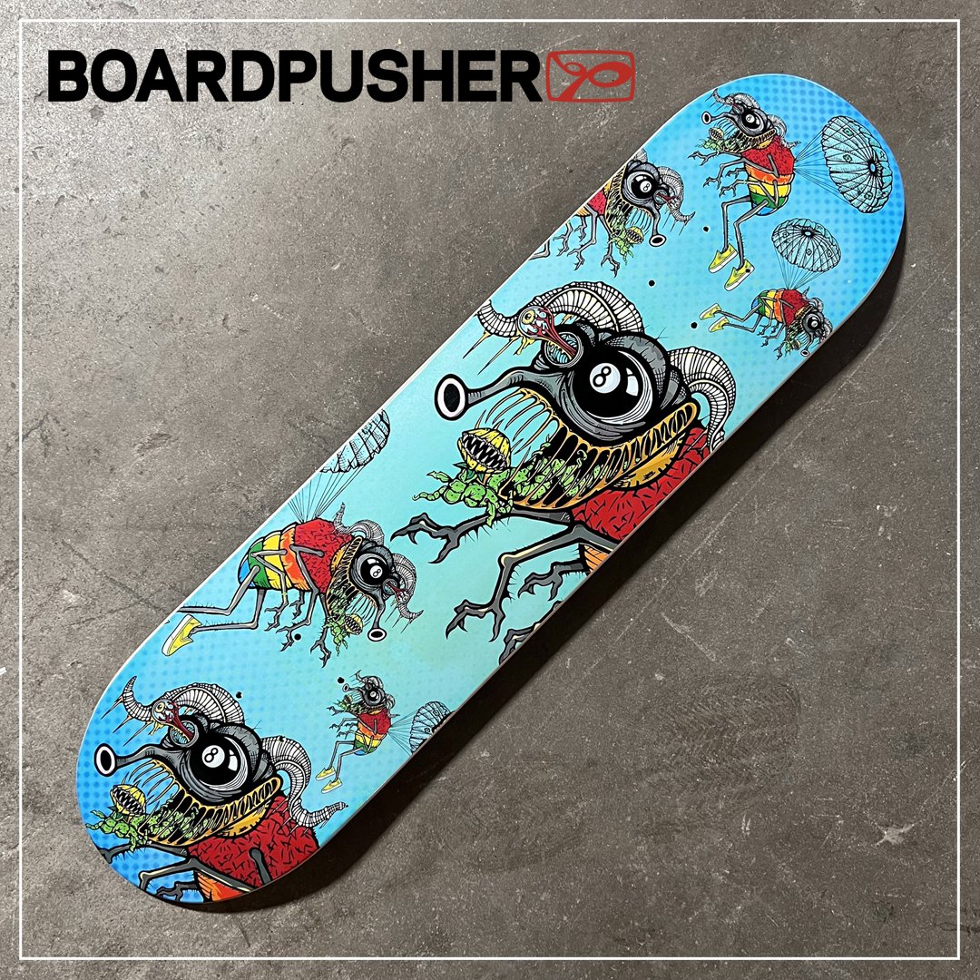 BoardPusher's tweet photo. A #FeaturedDeck for one of the Funky Flies created by Jon Gicewicz and Lisa Sotero for @funky_flies and pressed on the https://t.co/eOBSHzK11p Mini/Kid popsicle deck. https://t.co/V02s7tA2XG