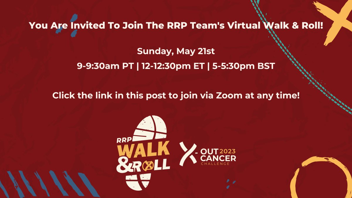 RUNX1Research's tweet photo. Join the RRP team via Zoom this Sunday, May 21st from Noon-12:30 ET for a virtual community #XOutCancer Walk & Roll. Anyone and everyone is welcome to join at any time! https://t.co/nVOoCAwtn6
Can't make it? No sweat - you can still support us here: https://t.co/10CsSB8rSt https://t.co/XCIgmyswJY