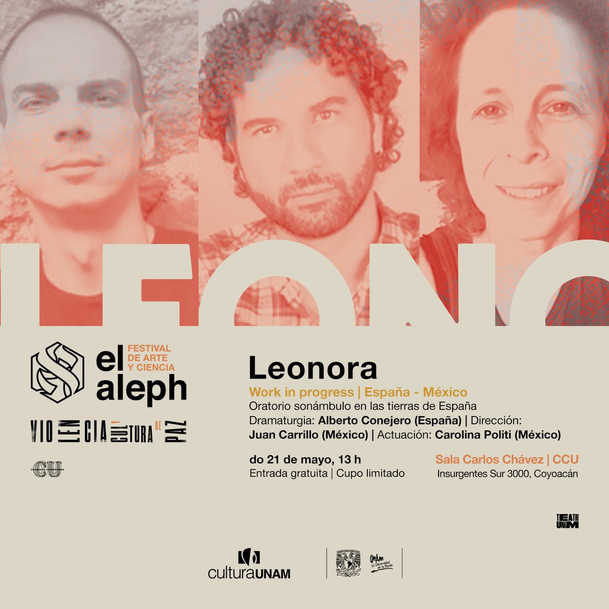 ¡Ya es este domingo! 

El primer arriba de este proyecto en el que me encuentro con nuevas complicidades y reafirmo las anteriores. 
😁 

<a href="/teatrounam/">Teatro UNAM</a> @festivalelaleph @albertoconejerolopez @caro_politi