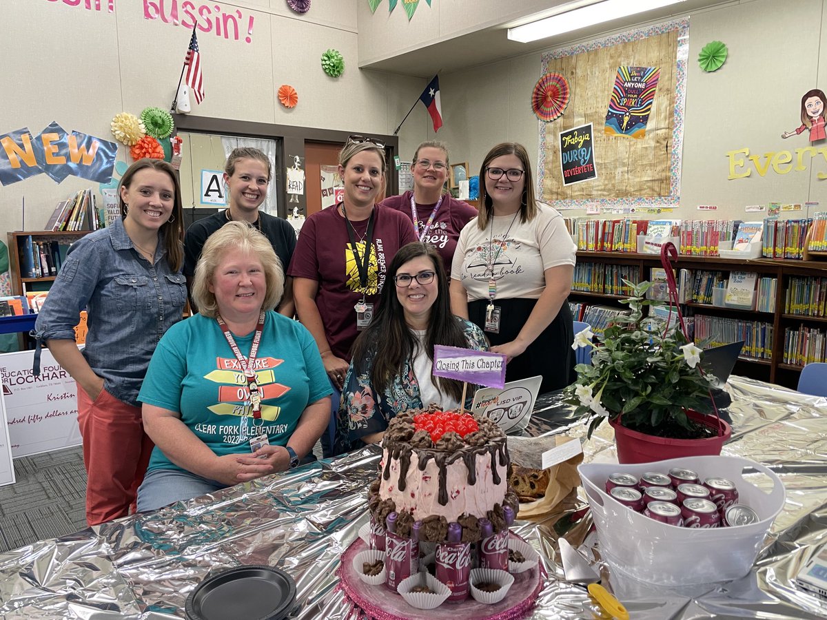 Celebrating ⁦@JPaczynskiLMS⁩ with our ⁦@LockhartISD⁩ district #librarymediaspecialist We are going to miss you! ⁦@grannygoodfood2⁩ thanks for the decadently delicious cake! #lovemylisd LIBRARY!💖