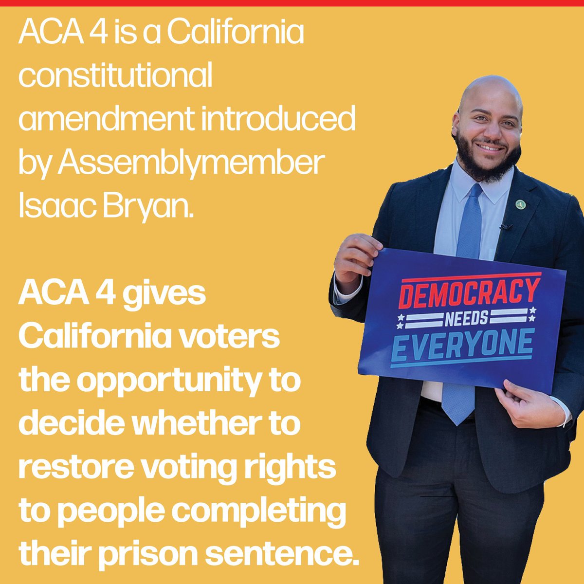 latineyoungdems's tweet photo. LYDEB is proud to endorse #ACA4, introduced by @isaacgbryan/@ib2_real, which would give California voters the opportunity to restore voting rights to people completing their prison sentence! #YesOnACA4 #FreeTheVote
More Info: @FreeTheVoteCA or https://t.co/kC9QWkcWto https://t.co/SdsOLkFAmX