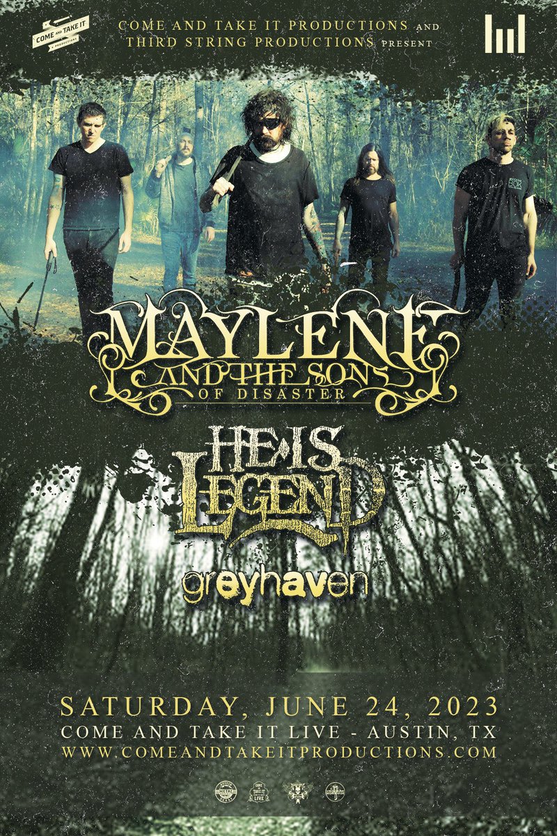 Austin Texas, We’re coming for you!! June 24th with our good friends in @HeIsLegendNC , and @greyhavenband . Get your tickets at etix.com/ticket/p/29071… #mayleneandthesonsofdisaster #matsod