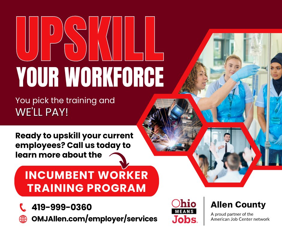 OMJAllenCounty's tweet photo. Are you an #AllenCounty employer looking to #upskill your employees? Call us today to learn how #OhioMeansJobs can help fund your training through the Incumbent Worker Training Program!

https://t.co/PrCpUJvWmQ

#training #LearningAtWorkWeek #NewSkills #TrainingProgram #Education https://t.co/7TjnicMbmc