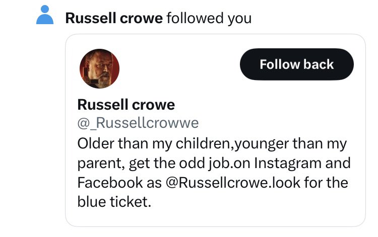 OrlaTully's tweet photo. For a minute there I was wondering how I could’ve possibly came onto Russell Crowes radar 😅 @russellcrowe https://t.co/T4O2vtbXv5