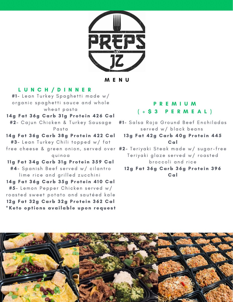 Here’s this week’s menu, check it out and let’s get you on the schedule this weekend!👨🏽‍🍳🔌 
Visit PrepsByJZ.com to place an order to get on this week’s schedule!