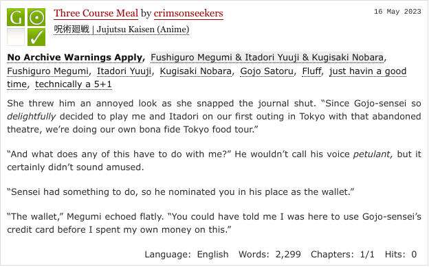 crimsonseekers's tweet photo. the piece i wrote for the JJK Trio Zine back in 2021! a happier time! back when i only knew jjk canon as far as the anime went!

"Three Course Meal," 2.3k | Fushiguro &amp; Itadori &amp; Kugisaki | JJK | Fic below https://t.co/mBenqGPqHf