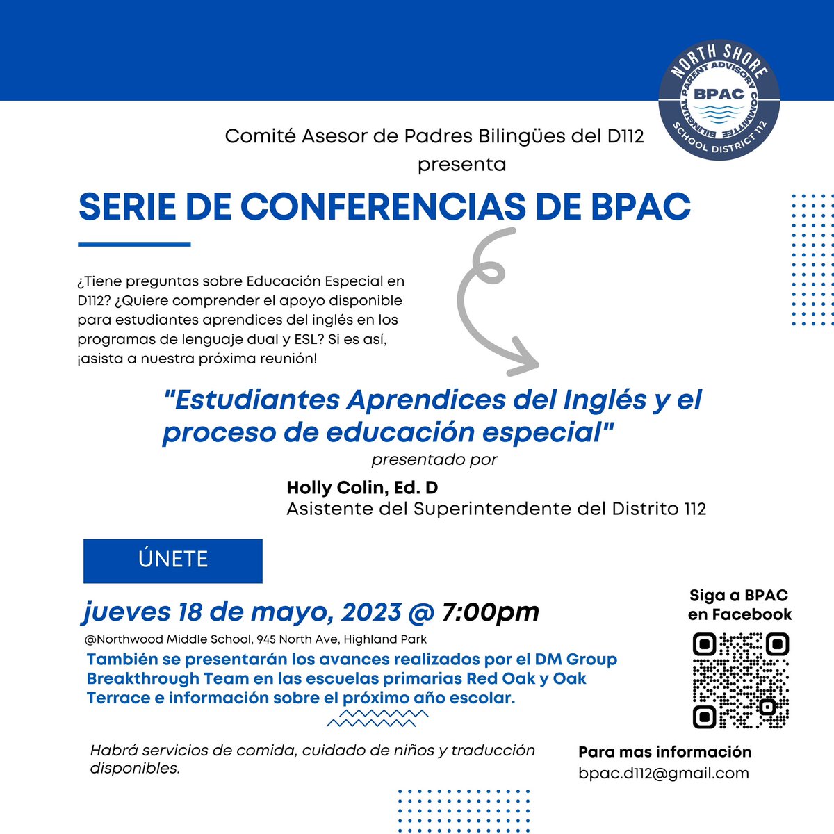 BpacD112's tweet photo. Únete a nosotros el jueves! Join us Thursday! 

Northwood Middle School (7:00pm) #multilingual #DualLanguage #112Leads https://t.co/2D5V0pNPv3