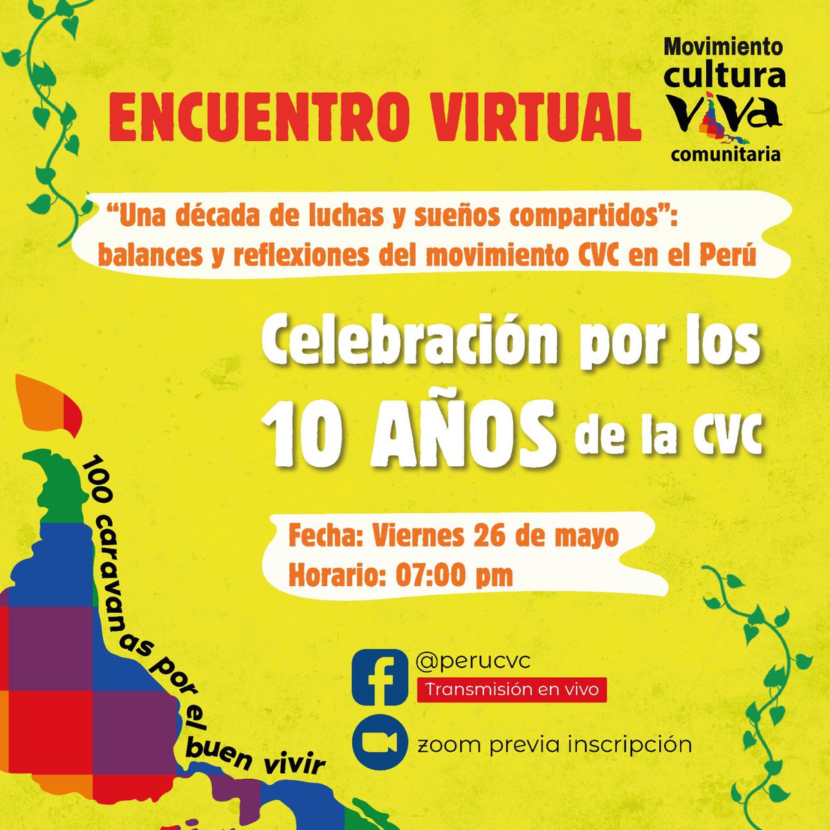 perucvc's tweet photo. #100caravanasdelBuenvivir

#Súmate a la celebración por los 10 años de la Cultura Viva Comunitaria con el encuentro virtual “Una década de luchas y sueños compartidos”: Balances y reflexiones del movimiento de Cultura Viva Comunitaria en Perú, desde la mirada del Grupo Impulsor🇵🇪 https://t.co/CifigCKsSf