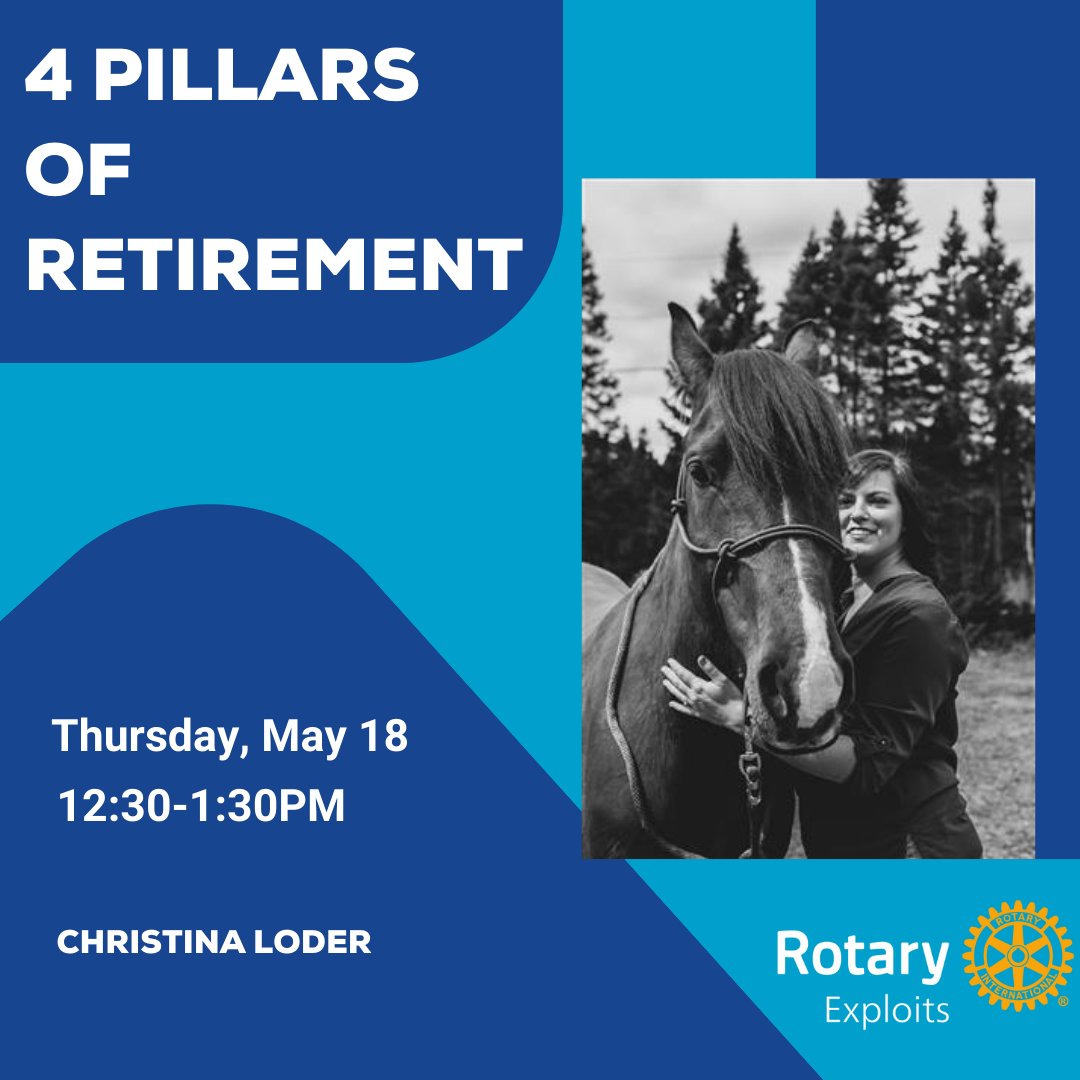 #Rotarian Christina Loder will be speaking to us this week on the 4 Pillars of Retirement. Thursday, May 18 12:30-1:30pm at Mount Peyton Resort and Conference Centre