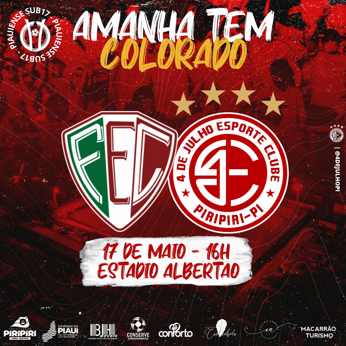 Amanhã tem Colorado! 🇦🇹🔥

O Gavião inicia sua jornada no sub17 amanhã, às 16h, diante da equipe do Fluminense-PI, no Albertão, Vamos juntooos em busca da vitória! Pra Cima Delees Quatrooo! 🇦🇹🙏🏽